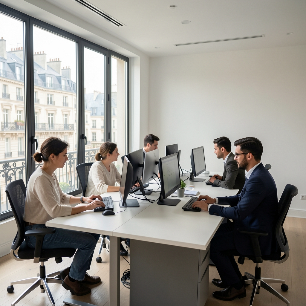 Rédaction moderne à Paris avec journalistes travaillant sur des ordinateurs, grande fenêtre et décor professionnel épuré