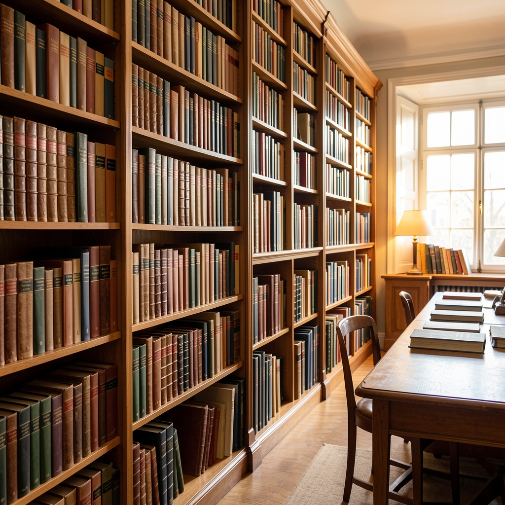 Bibliothèque universitaire française avec rangées de livres anciens et modernes, lumière chaude de bureau, atmosphère intellectuelle studieuse
