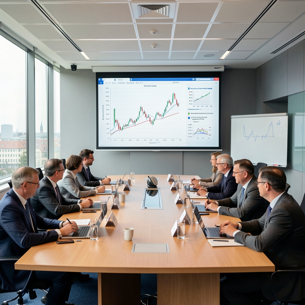 Salle de conférence de la Banque centrale européenne à Francfort avec des économistes en réunion devant des graphiques financiers sur grand écran