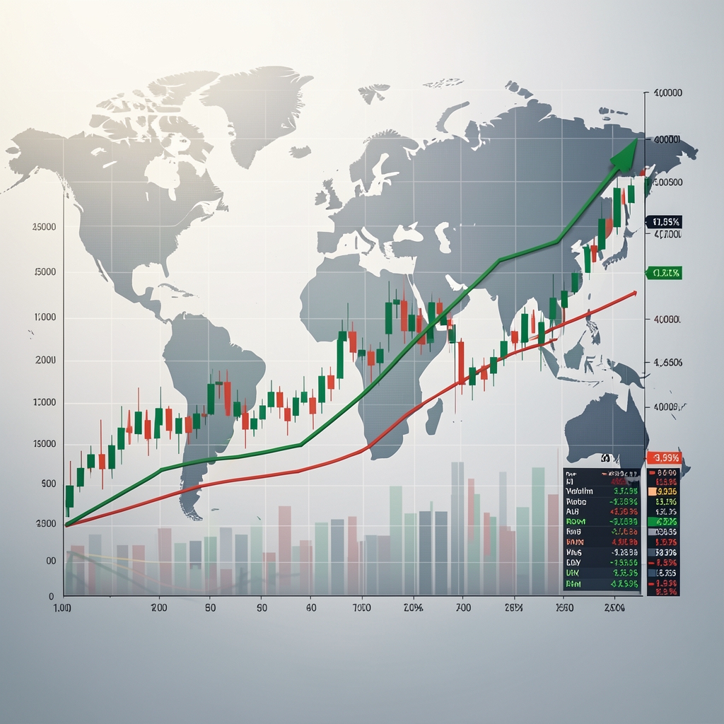 Graphique analytique montrant des courbes de croissance économique mondiale avec des indicateurs boursiers et des projections financières