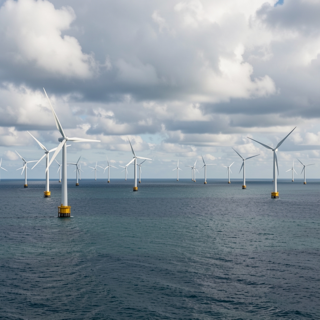 Parc éolien offshore avec des éoliennes blanches en mer, ciel nuageux reflétant les enjeux de la transition énergétique