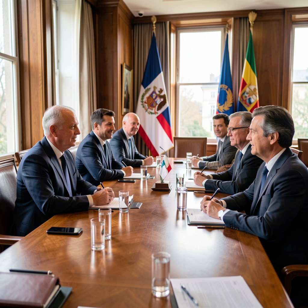 Délégués diplomatiques lors d'une conférence internationale sur le climat avec drapeaux nationaux et panneaux de négociation dans une grande salle de conférence
