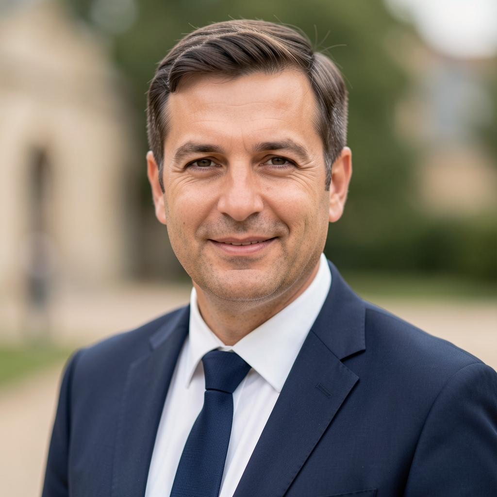 Portrait de Dr. Mathieu Ferrière, directeur des études géopolitiques d'Evroniq, homme en costume sombre avec fond de bibliothèque