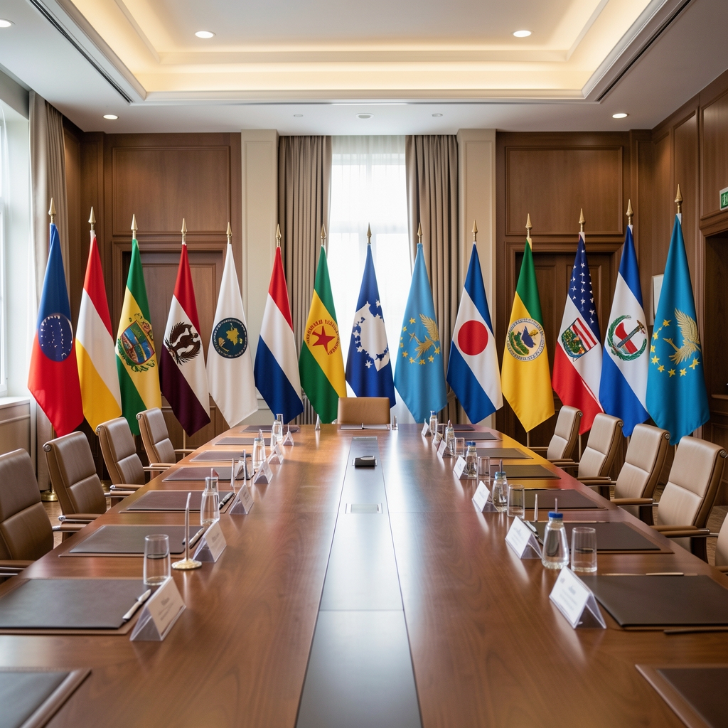 Salle de conférence diplomatique internationale avec drapeaux de plusieurs nations alignés, lumière sobre et solennelle