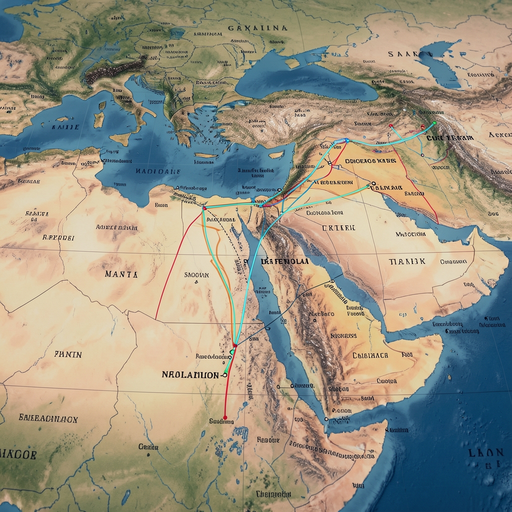 Carte géopolitique du Moyen-Orient avec zones de tension marquées et routes commerciales stratégiques en surbrillance