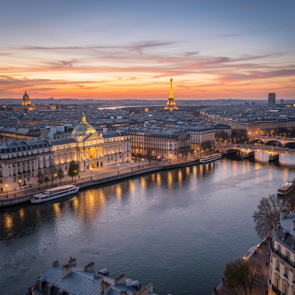 Vue panoramique de Paris au crépuscule avec la Seine et les bâtiments institutionnels reflétant les lumières de la ville, symbolisant les enjeux politiques et économiques français