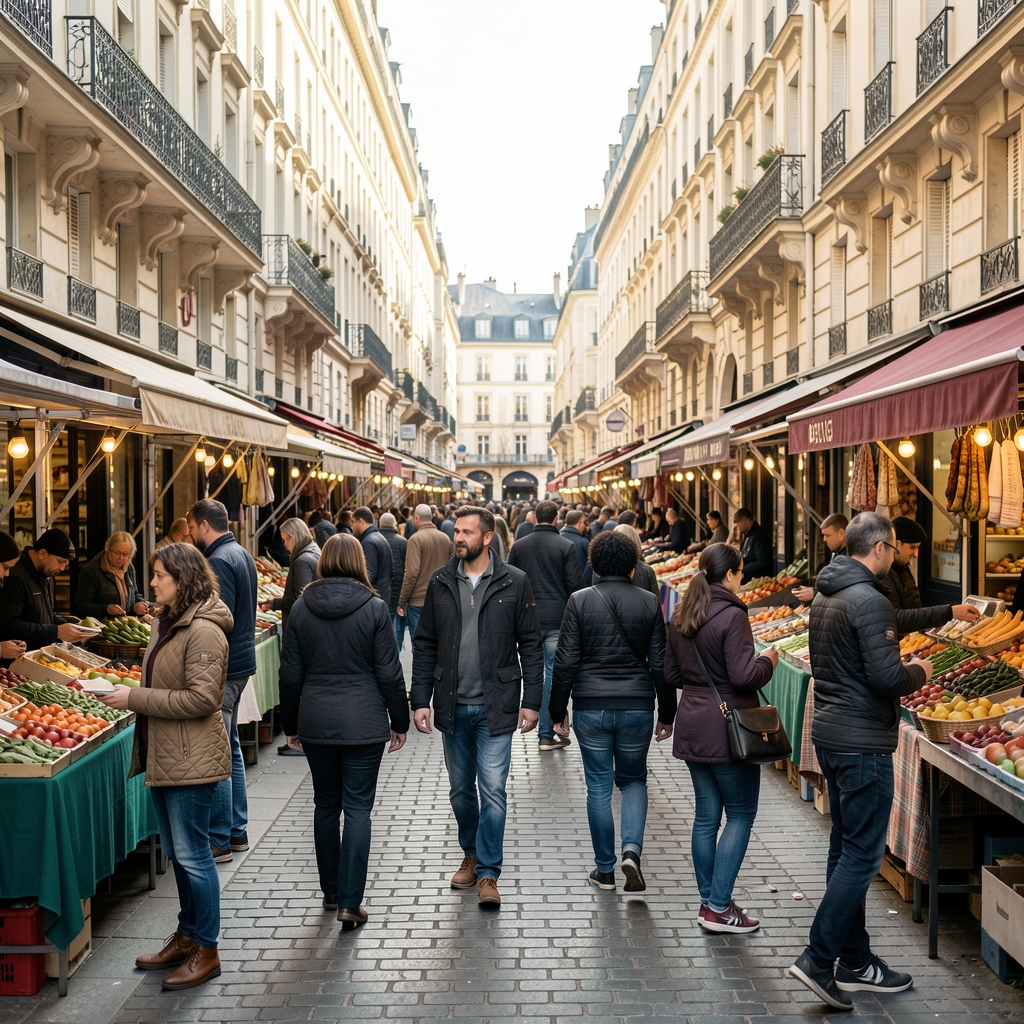 Place animée dans un centre-ville français avec des citoyens de différentes origines, marché, vie sociale contemporaine en milieu urbain