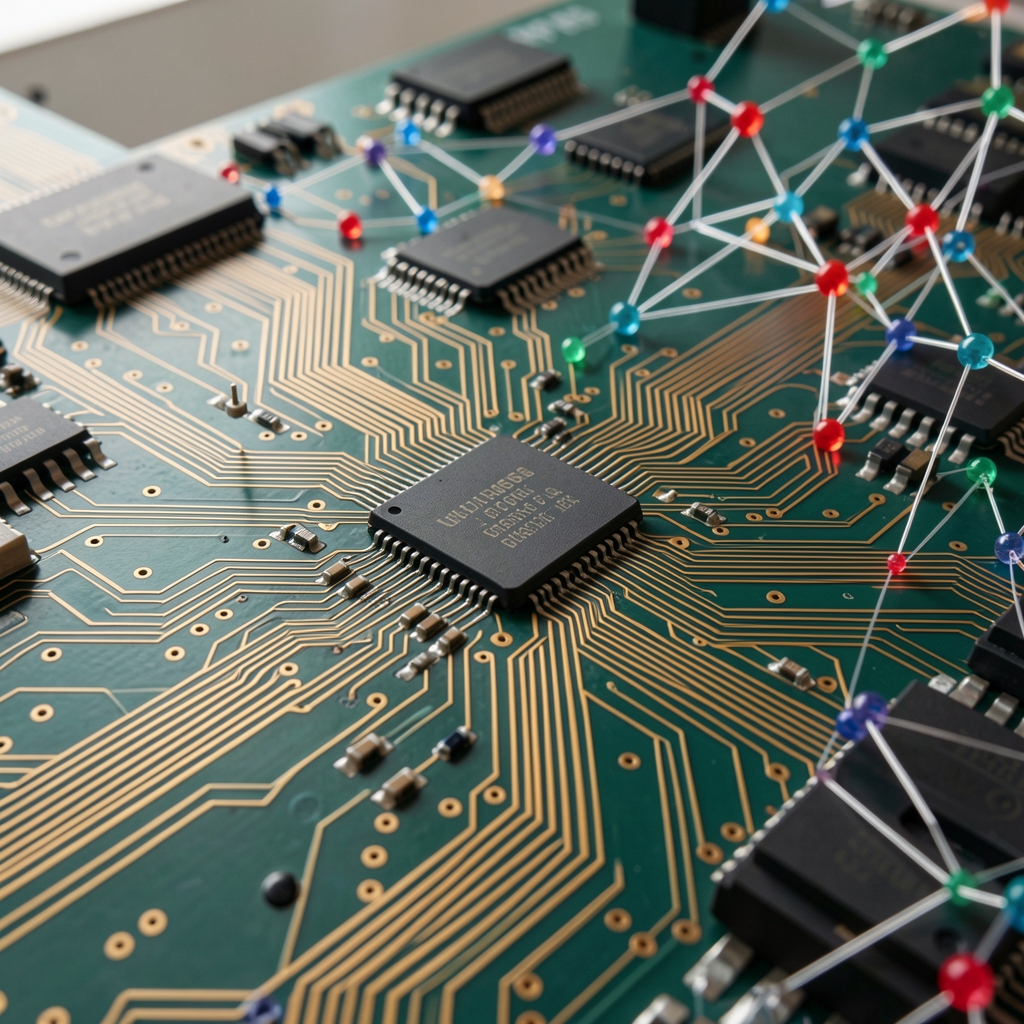 Représentation visuelle de circuits imprimés et de réseaux neuronaux artificiels symbolisant la régulation de l'intelligence artificielle en Europe